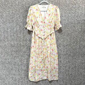 Simple Retro Dress Women's‎ L Cream Floral Short Puff Sleeve Button Front Midi